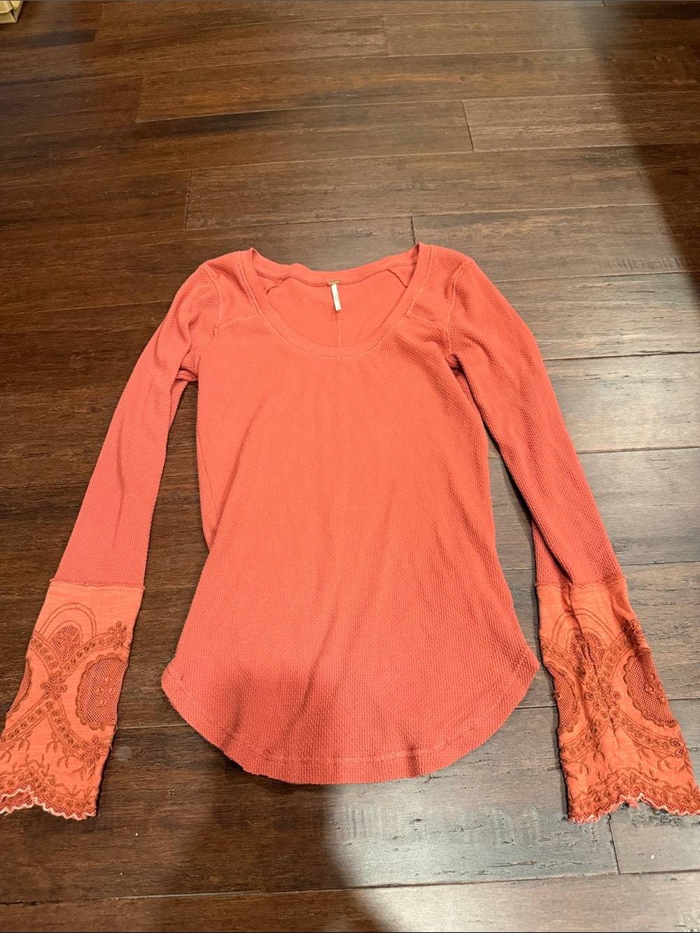 Free People Coral Scoop Neck Long Sleeve Top with Lace Cuffs